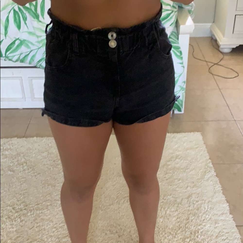 Black high waisted paper bag shorts